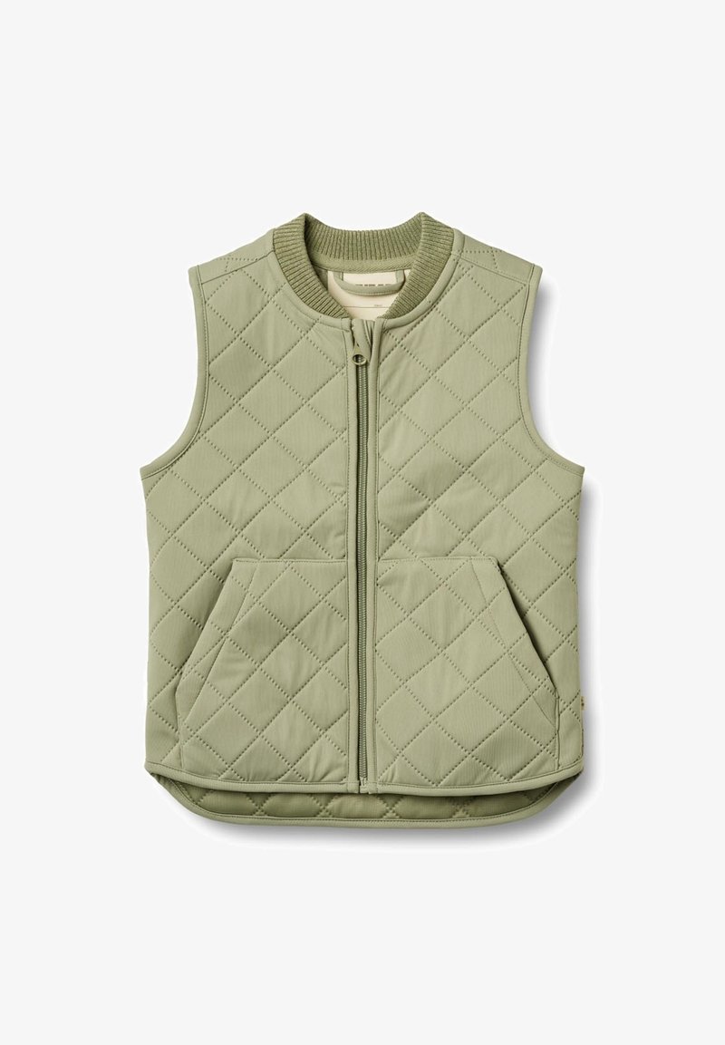 Gaiszaļa izlīdzināta veste ar priekšējo rāvējslēdzēju, apaļu kaklu un divām priekšējām kabatām. Izgatavota no mīkstas auduma ar gludu tekstūru.