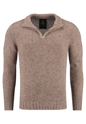 Braun gestrickter Pullover mit Struktur, halb geschlossener Kragen und langen Ärmeln. Verfügt über unregelmäßiges Garn für ein meliertes Aussehen sowie gerippte Bündchen und Saum.