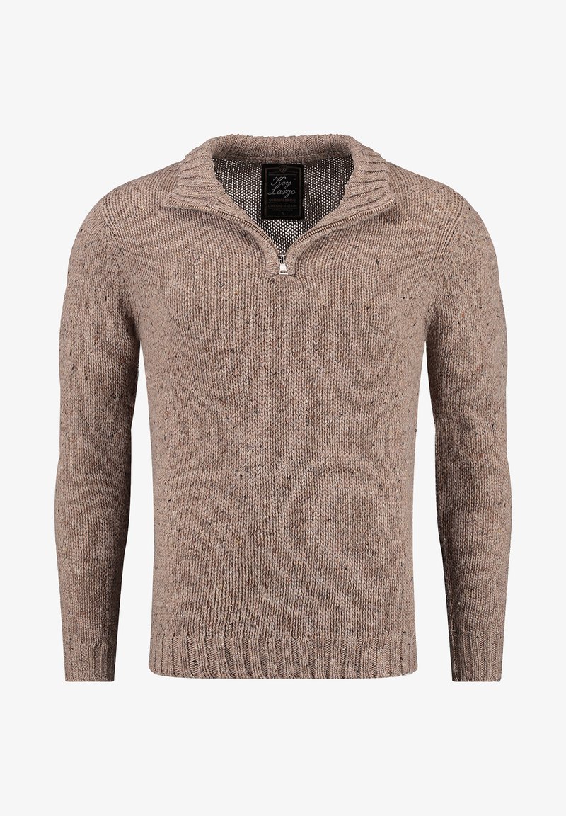 Braun gestrickter Pullover mit Struktur, halb geschlossener Kragen und langen Ärmeln. Verfügt über unregelmäßiges Garn für ein meliertes Aussehen sowie gerippte Bündchen und Saum.