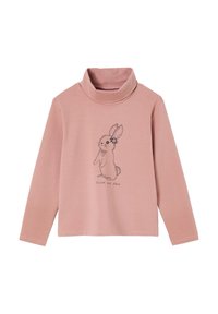 Rosa, langärmliger Rollkragenpullover aus weichem Material, mit einem Grafikdruck eines Hasen mit einer Blume und dem Text "blühen und strahlen."