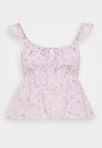 Ljuslila blommig peplumtop med volangband, knytning framtill och nyckelhålsutskärning. Har mjukt, strukturerat tyg och elastisk midja.