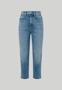 Světle modré džíny s vysokým pasem vyrobené z denimu, s úzkým střihem, zkrácenou délkou a pěti kapsami, se zapínáním na jeden knoflík.