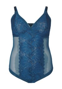 Body in pizzo blu profondo, con motivo floreale, pannelli laterali in rete trasparente, spalline regolabili e orlo a scallop.