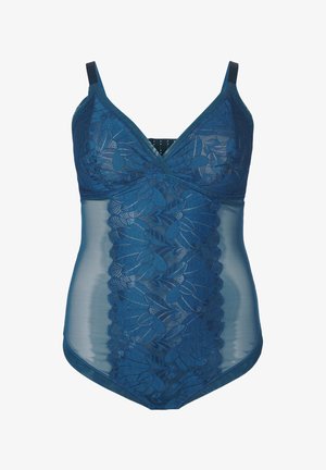 Spetsbodysuit i djupblått, med ett blommönster,透 房侧面paneler, justerbara band och en vågig fåll.