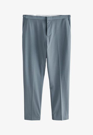 Jasnoniebieskie spodnie o dopasowanym kroju z gładką fakturą, posiadające płaski przód, dwie boczne kieszenie i prostą, czystą nogawkę.