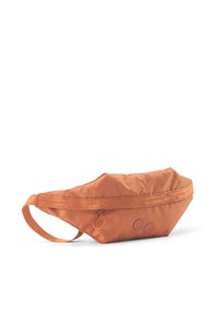 Orange Stoff-Bauchtasche mit glatter Textur, einem dekorativen Riemen, runden Akzenten und einer seitlichen Schlaufe zur Befestigung. Kompaktes und schlankes Design.