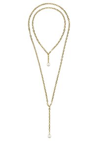 Guldtonet kædehalssmykke med to lag, hvor det ene lag har en perle-dropsdetalje. Designet inkluderer en Y-formet vedhæng for ekstra elegance.
