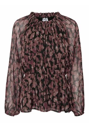 Langærmet, transparent bluse med elastisk halsudskæring og manchetter, sort bund med mauve abstrakt blomsterprint og indsnøret talje.