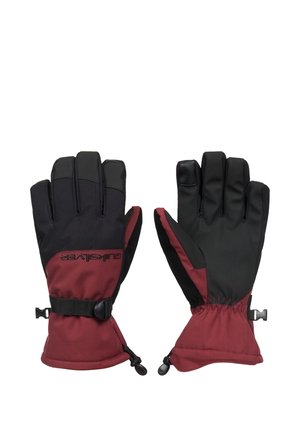 Een paar winterhandschoenen met zwarte handpalmen en vingers, bordeaux manchetten, verstelbare polsbandjes en clips voor bevestiging.