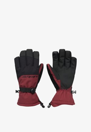 Pair of winter gloves with black palms and fingers, burgundy cuffs, adjustable wrist straps, and clips for attachment.
