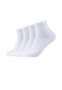 White ankle socks, made of soft cotton blend, featuring ribbed cuffs, a smooth texture, and a standard fit, presented in a set of four.