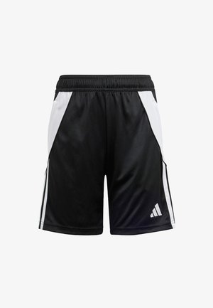 Melni sporta šorti ar baltām sānu malām, elastīgu jostasvietu, gludu tekstūru un Adidas logo kreisajā priekšā.