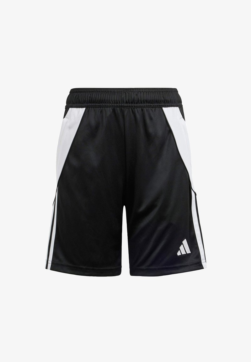 Melni sporta šorti ar baltām sānu malām, elastīgu jostasvietu, gludu tekstūru un Adidas logo kreisajā priekšā.