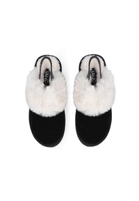 Pantofole nere slip-on con un morbido colletto in pelliccia sintetica bianca. Realizzate in suede con punta rotonda e texture liscia. Marchio sulla soletta.