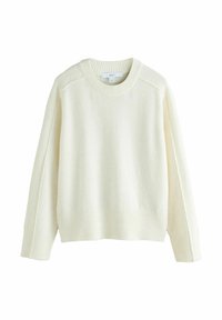 Beigefarbener Pullover aus weichem Strickmaterial mit runden Ausschnitt, gerippten Bündchen und Saum sowie einem überschnittenen Schulterdesign.