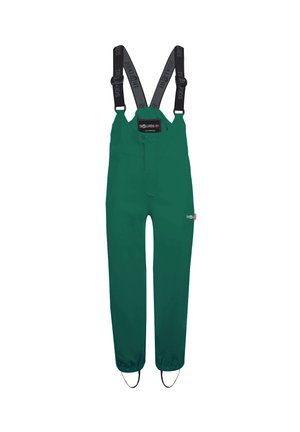 Green waterproof overall pants with adjustable black suspenders. Features snap button closure, elastic cuffs, and reflective branding details.
