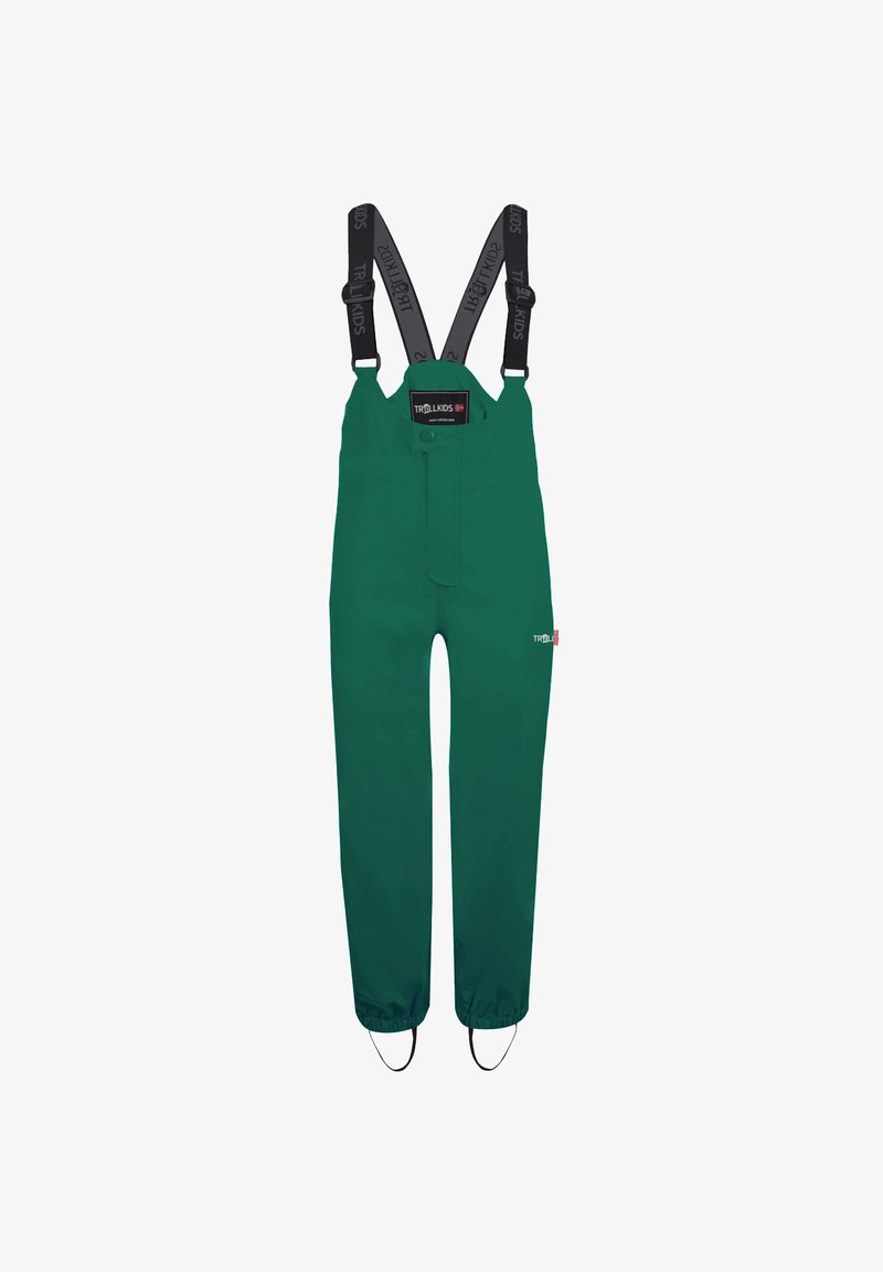 Grüne wasserdichte Latzhose mit verstellbaren schwarzen Trägern. Sie verfügt über einen Druckknopfverschluss, elastische Bündchen und reflektierende Branding-Details.