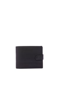 Portafoglio in pelle nera con finitura testurizzata, design pieghevole, chiusura a pulsante e slot per carte di credito su un lato. Branding minimalista visibile.