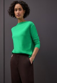 Pull vert tricoté avec un col rond, des manches longues et une coupe décontractée, associé à un pantalon sur mesure marron foncé. Texture lisse.