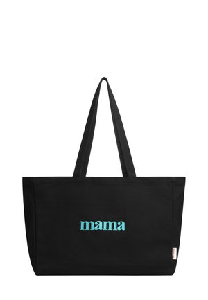 Borse a tracolla nera in tela con manici lunghi, con la scritta "mama" in blu chiaro. Design semplice, forma rettangolare e texture robusta.
