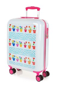 Maleta rígida con exterior blanco, detalles en rosa y un diseño de maceta de flores coloridas. Cuenta con cuatro ruedas y un mango retráctil.