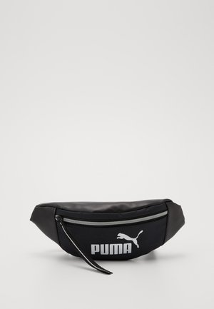 Marsupio nero realizzato in materiale sintetico liscio, con una cerniera frontale, stampa del logo e forma curvata per un adattamento ergonomico.