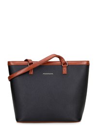 Sac fourre-tout en matériau synthétique texturé noir avec des accents en cuir marron. Doté de deux poignées et d'un logo de marque discret à l'avant.