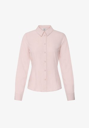 Cămașă roz deschis cu mâneci lungi, nasturi în față, guler ascuțit, talie ajustată și șapte nasturi pe partea din față.