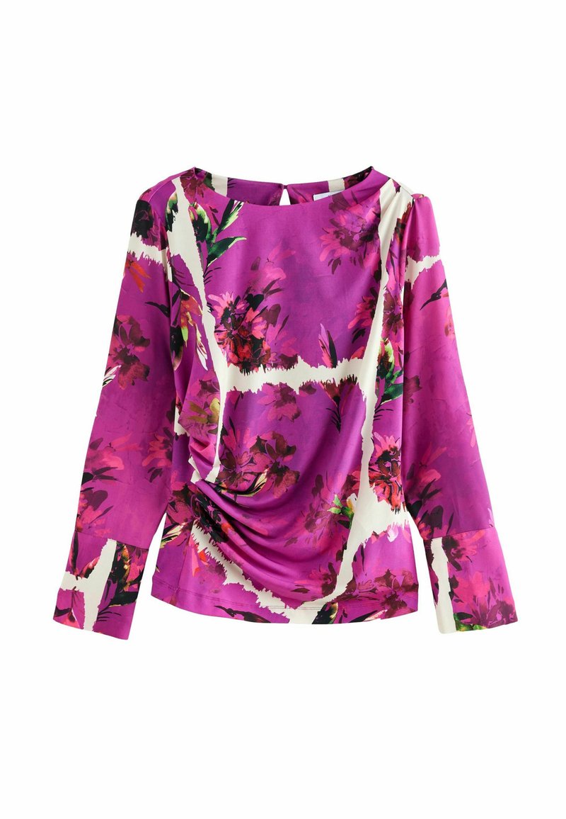 Violetti kukkakuosiset puserot, joissa on pitkät hihat, laskostettu muotoilu, valkoiset yksityiskohdat ja aukollinen selkäosa. Silkkinen, kevyt kangas.