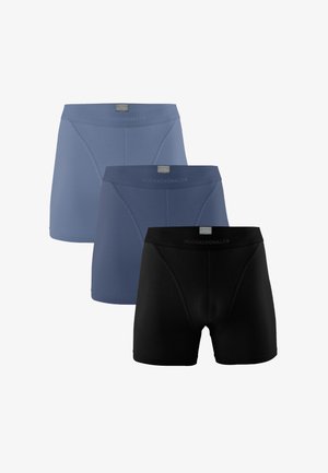 Trois boxers pour hommes en noir et deux nuances de bleu, disposés en rangées superposées sur un fond blanc.