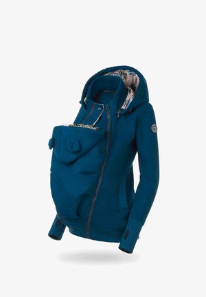 Hoodie teal avec fermeture éclair à l'avant, poche kangourou et fonction de porte-bébé intégrée. Intérieur doublé avec motif de feuilles. Poignets côtelés. Tissu doux.
