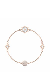 Armband aus Roségold mit filigranen, sonnenförmigen Akzenten und einem runden, pavé-gesetzten Edelstein als Zentrum, verbunden durch eine zarte Kette.