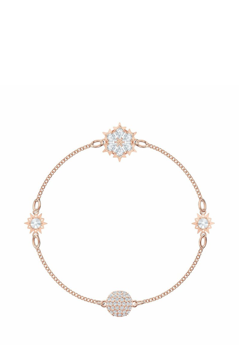 Armband aus Roségold mit filigranen, sonnenförmigen Akzenten und einem runden, pavé-gesetzten Edelstein als Zentrum, verbunden durch eine zarte Kette.