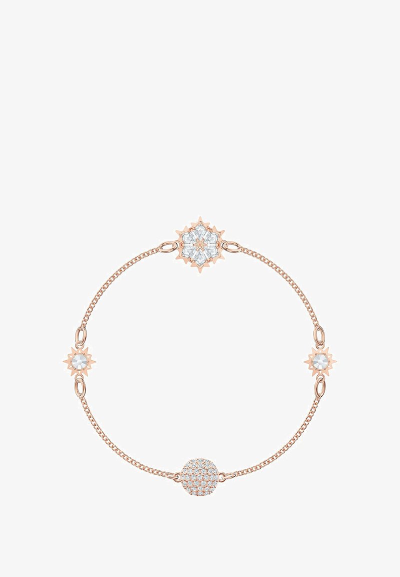 Armband aus Roségold mit filigranen, sonnenförmigen Akzenten und einem runden, pavé-gesetzten Edelstein als Zentrum, verbunden durch eine zarte Kette.