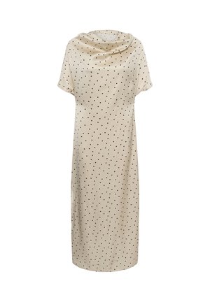 Beež midi kleit mustade täppidega, lühikeste varrukatega ja volditud kaelakaelusega, valgel taustal.