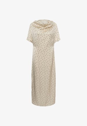 Beež midi kleit mustade täppidega, lühikeste varrukatega ja volditud kaelakaelusega, valgel taustal.