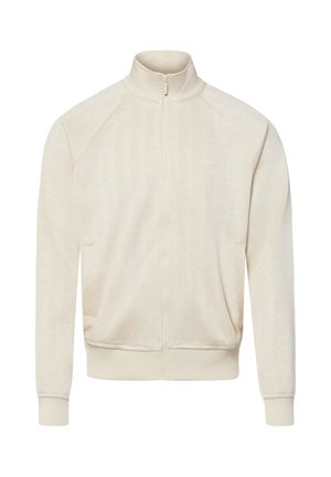 Giacca beige con zip integrale, collo alla coreana, maniche lunghe, due tasche frontali, polsini a costine e motivo geometrico discreto.