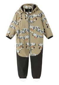 Barns beige och svart hoodie-jumpsuit med fågelmönster, framdragkedja, elastiska ärmslut och justerbara fotremmar.