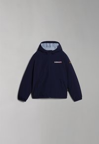 Marinblå hujacka i lätt tyg, med blixtlås framtill, elastiska muddar och två sidofickor. Broderad logotypdetalj.