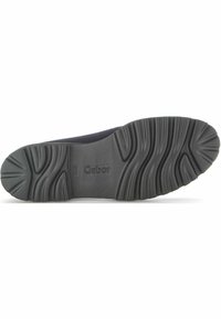 Sole di scarpa nera Gabor con motivo di battistrada testurizzato e marchio. Presenta un tacco curvo e un design flessibile per comfort e aderenza.