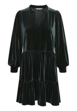 Robe en velours vert foncé avec un décolleté en V, un col froncé et de longues manches ballons. Un design froncé à la taille mène à une jupe évasée.