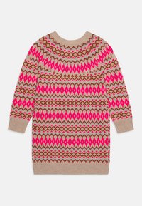 Knit sweater with patterned designs in vibrant pink, brown, and beige. Features a crew neck and long sleeves. Textured finish throughout.