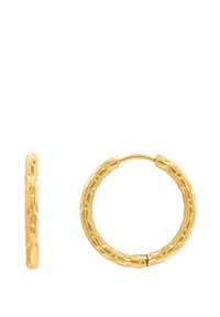 Boucles d'oreilles en or avec une texture martelée. Design circulaire présentant un petit fermoir pour la fermeture. Les bords lisses améliorent la forme générale.