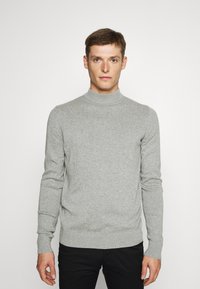 Gray sweater with a high neck, long sleeves, and ribbed cuffs, made from a soft material with a smooth texture. Plain design.
