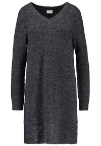 Robe pull grise en maille avec un col en V, des manches longues et une coupe ample. Texture douce avec un aspect légèrement duveteux.