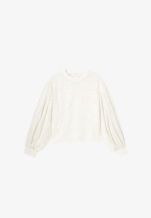 Blouse blanche à manches longues avec des motifs en dentelle complexes, ourlet festonné, manches bouffantes et poignets boutonnés, avec un col rond.