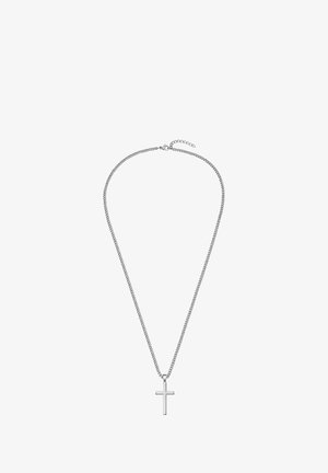 Sølvkæde med en simpel korsvedhæng, med en struktureret kæde og en justerbar lukning til længdejustering.
