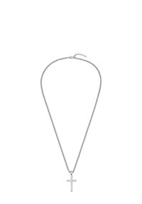 Sølvkæde med en simpel korsvedhæng, med en struktureret kæde og en justerbar lukning til længdejustering.