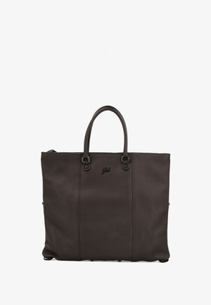 Borsa tote in pelle marrone scuro con finitura testurizzata, dotata di doppi manici e chiusura con cerniera. Logo visibile sul davanti.