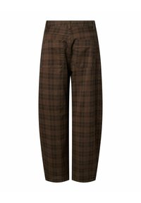 Pantalon marron à motif à carreaux, vu de dos avec deux poches plaquées et une coupe droite.